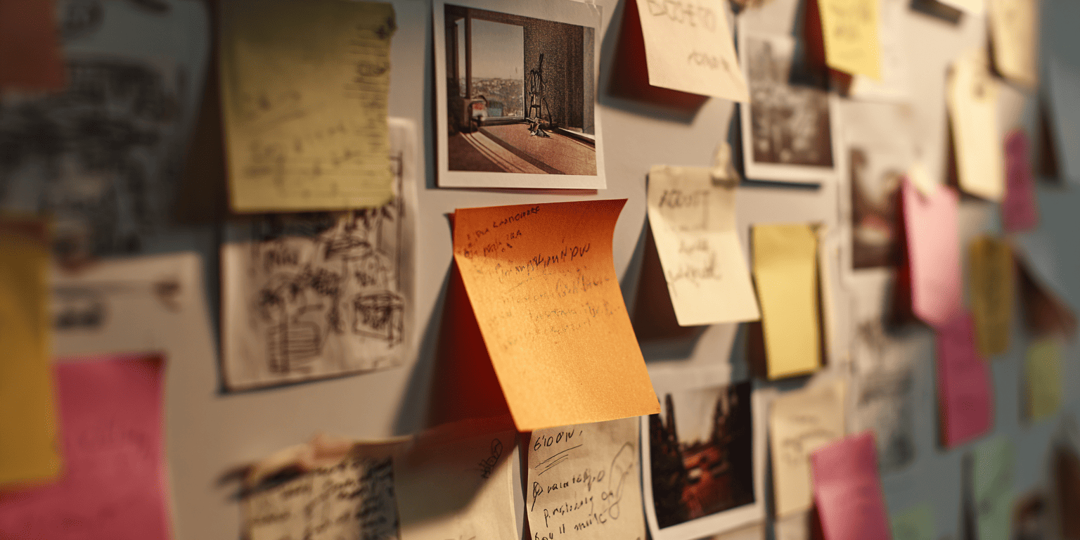 A creative planning wall covered in handwritten sticky notes, with a bright terracotta orange note prominent in the centre