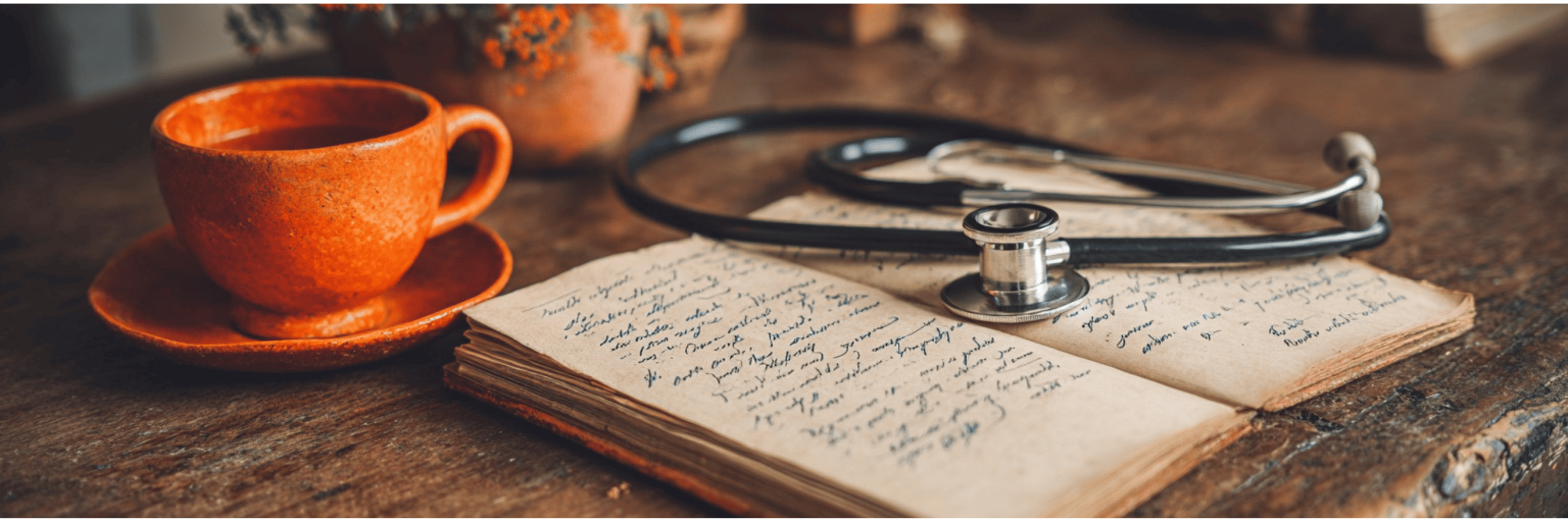 A stethoscope coiled beside an open notebook with handwritten notes on a wooden desk, with a warm terracotta orange ceramic cup of tea