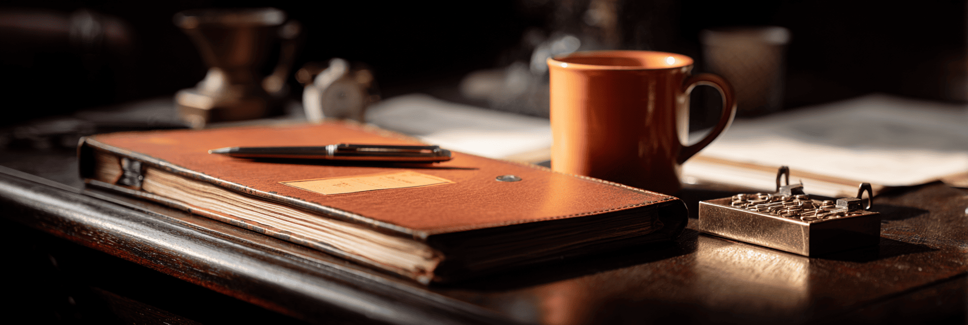 An open leather-bound barrister's case file on a wooden desk with a silver fountain pen, a brass paperclip holder, and a warm terracotta orange ceramic mug catching afternoon light