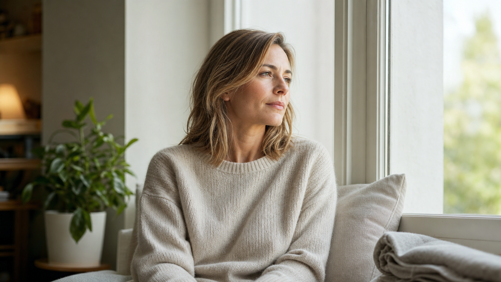 A thoughtful woman in her late 30s with light brown hair and a soft cream knit jumper, seated by a window in a warm home setting looking out reflectively, leafy view through the window and a small plant nearby