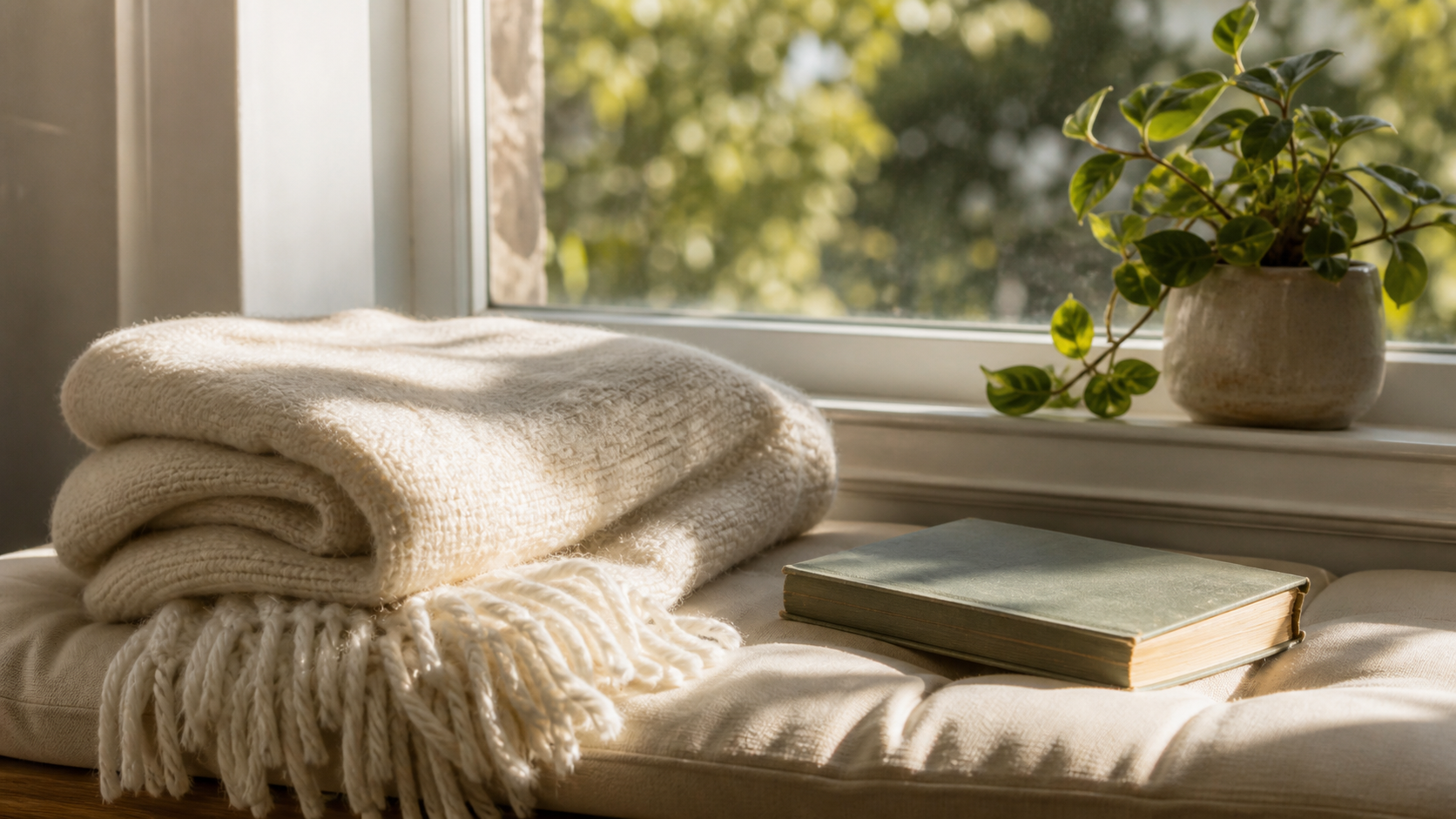 A warm home window seat with a folded soft cream throw, a single hardback book and a small leafy plant in soft morning natural light