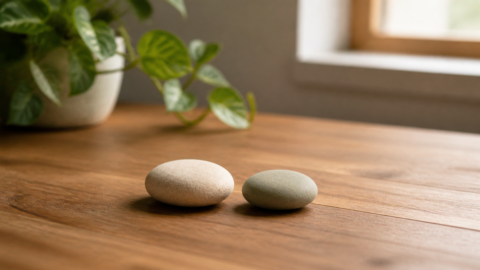 Two small smooth round stones in muted natural colours, cream and sage, on a wooden table beside a softly out of focus leafy plant
