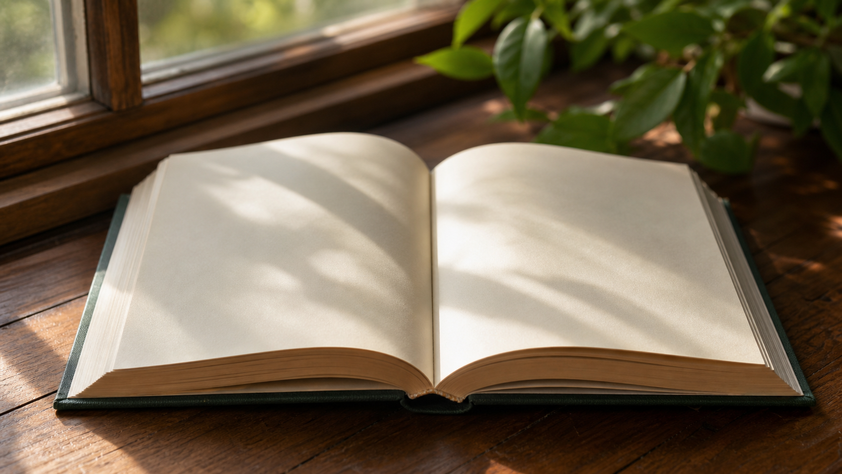 An open hardback book with clean creamy pages on a warm wooden surface in soft natural window light, with a leafy plant softly out of focus in the background