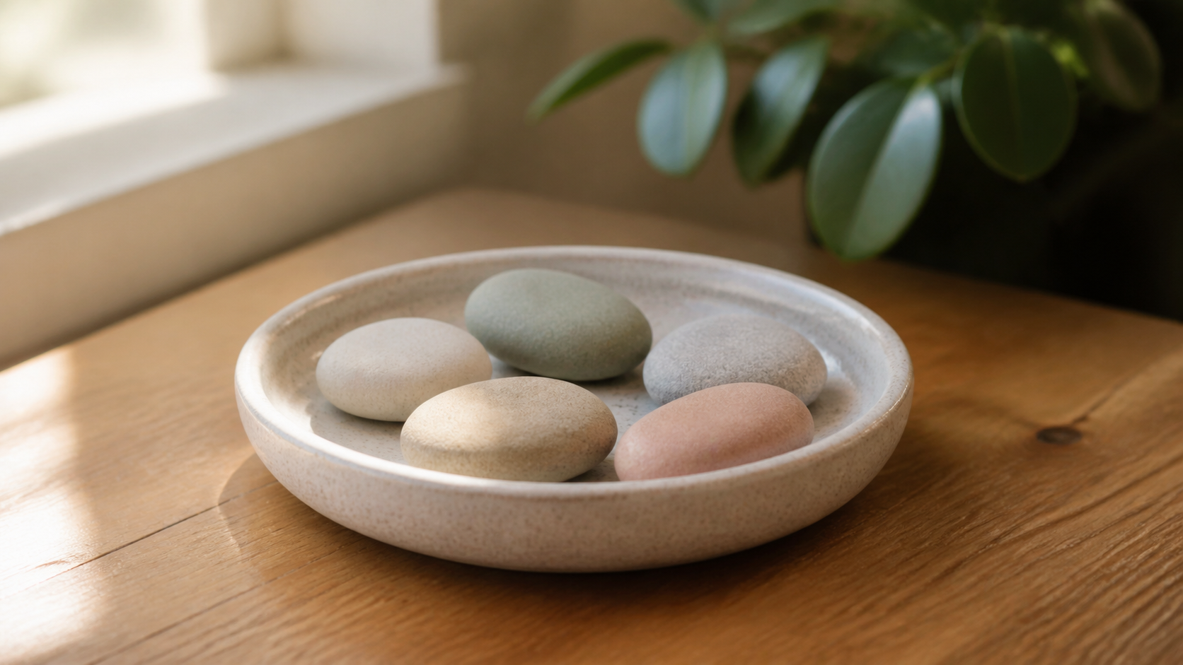 A simple ceramic dish on a warm wooden table holding five smooth pebbles in muted natural colours arranged loosely, in soft morning window light with a leafy plant softly out of focus in the background