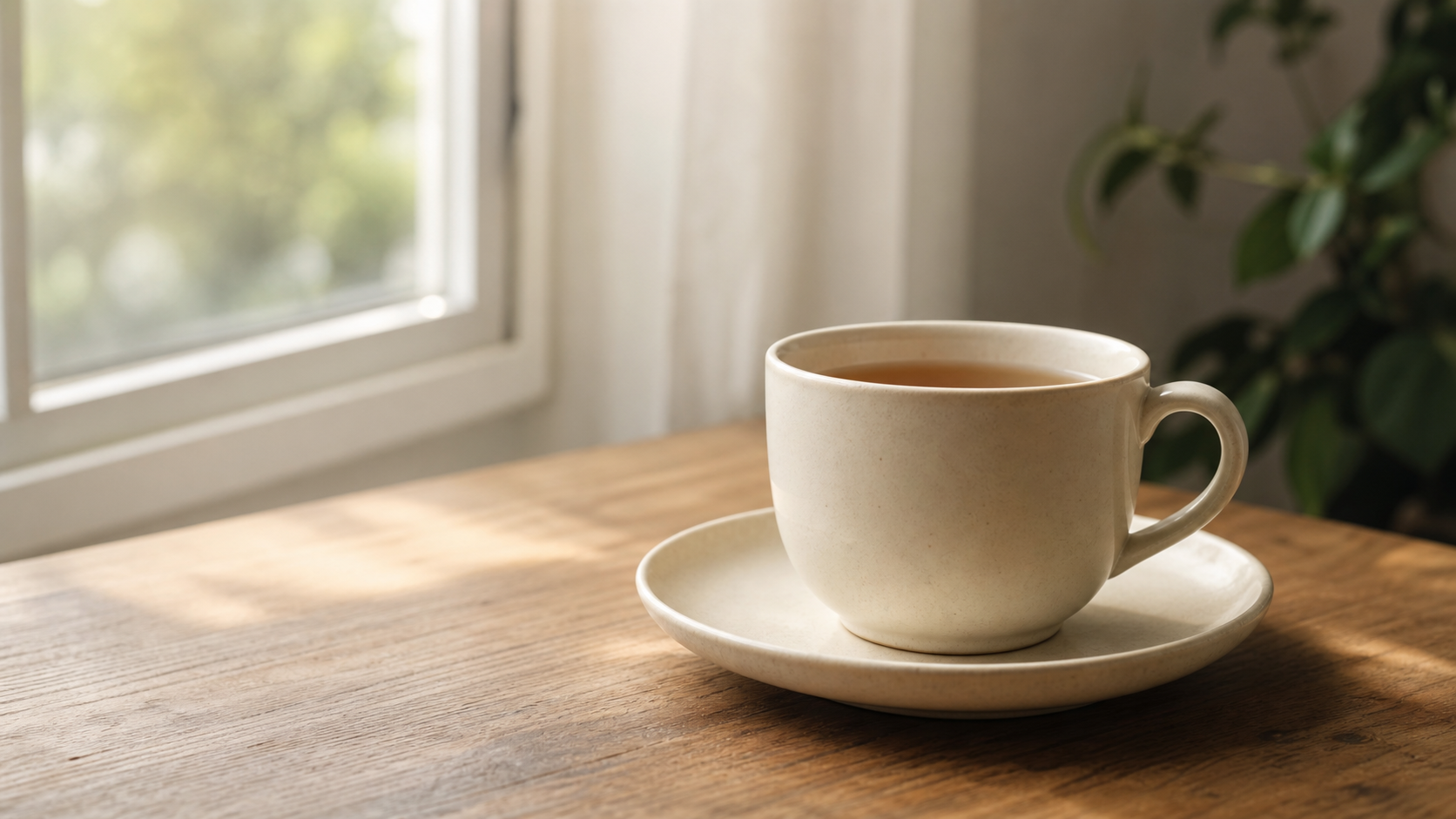 A simple cream ceramic cup of tea on a saucer on a warm wooden table in soft morning window light, with a leafy plant softly out of focus in the background