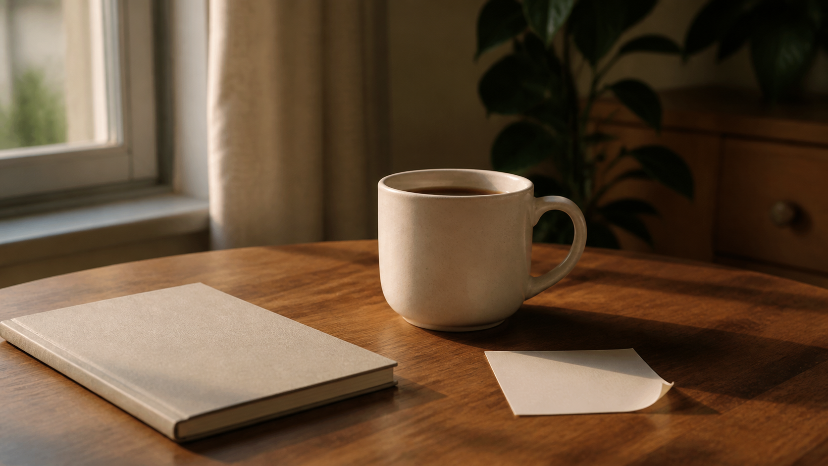 A simple cream ceramic mug on a wooden table beside a softcover notebook and a folded paper card in warm soft natural light