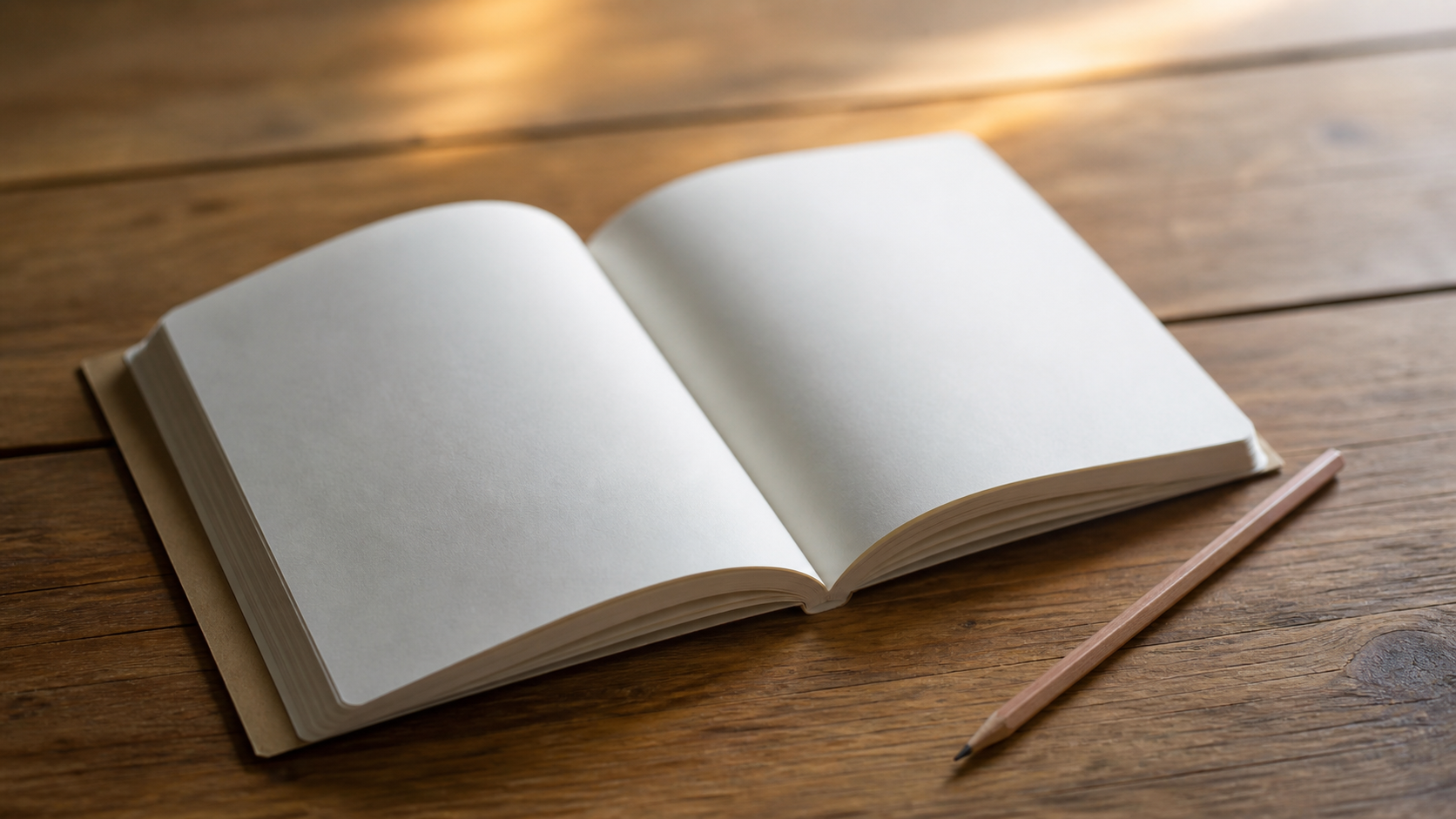 An open softcover notebook with a wooden pencil resting beside it on a warm wooden table in soft natural morning light