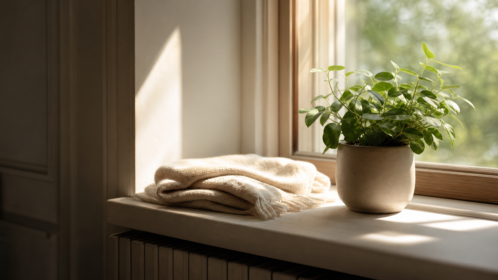 A sunny windowsill with a small leafy plant in a pot and a folded soft cream cloth in warm morning natural light