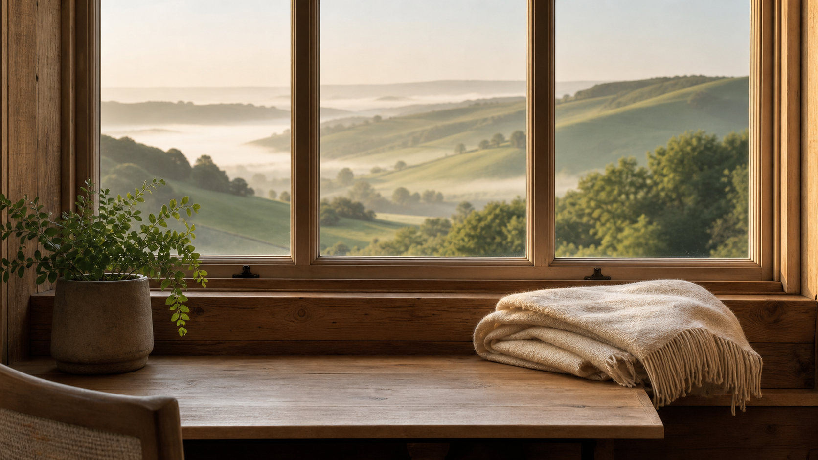 A warm wooden window seat with a folded cream throw and a leafy plant, view through the window of rolling South Downs hills with misty valleys in soft morning English light