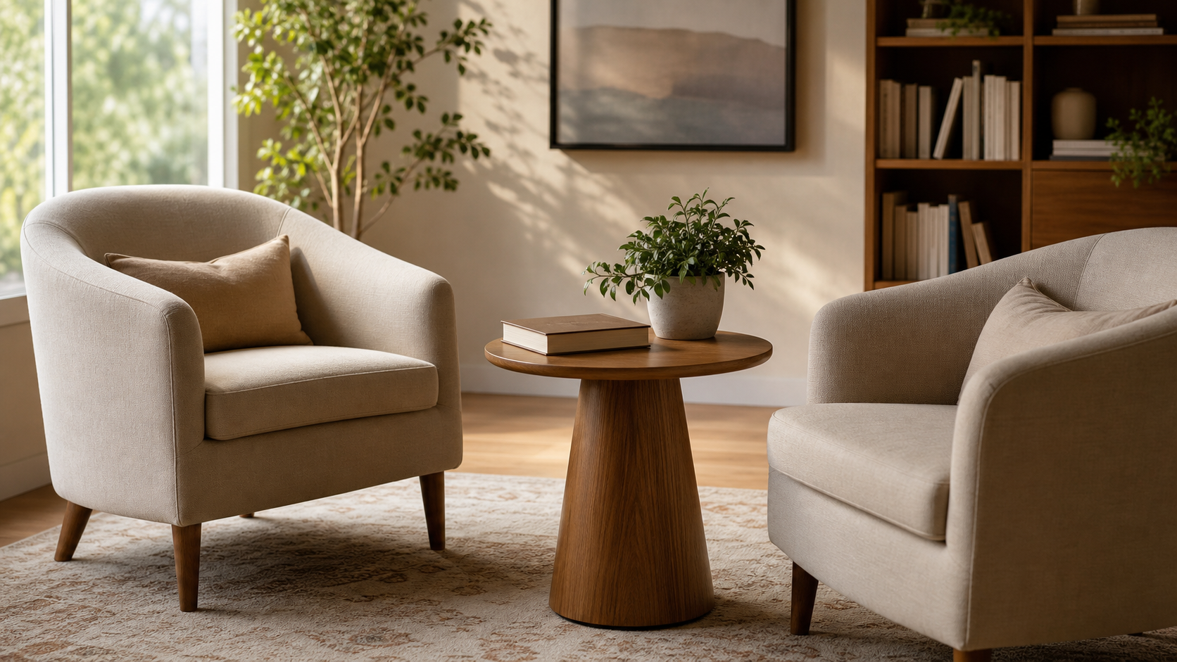 Two cream upholstered armchairs facing each other across a round wooden side table holding a closed book and a small leafy plant, soft window light, bookshelf in the warm background