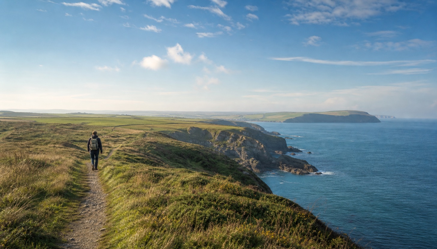 A lone walker on a grassy clifftop coastal path on a bright clear morning, open sky, hills and sea