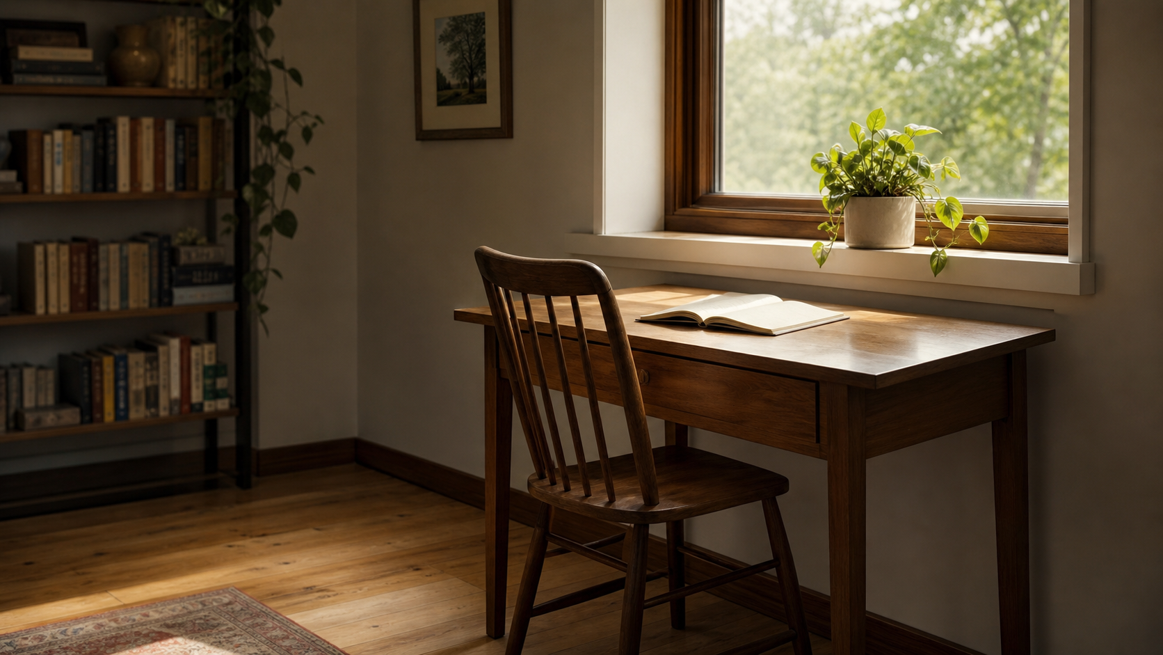 A wide environmental shot of a small writing desk in the warm corner of a room, with a wooden chair pulled in, an open notebook on the desk, a leafy plant on the windowsill and soft natural light