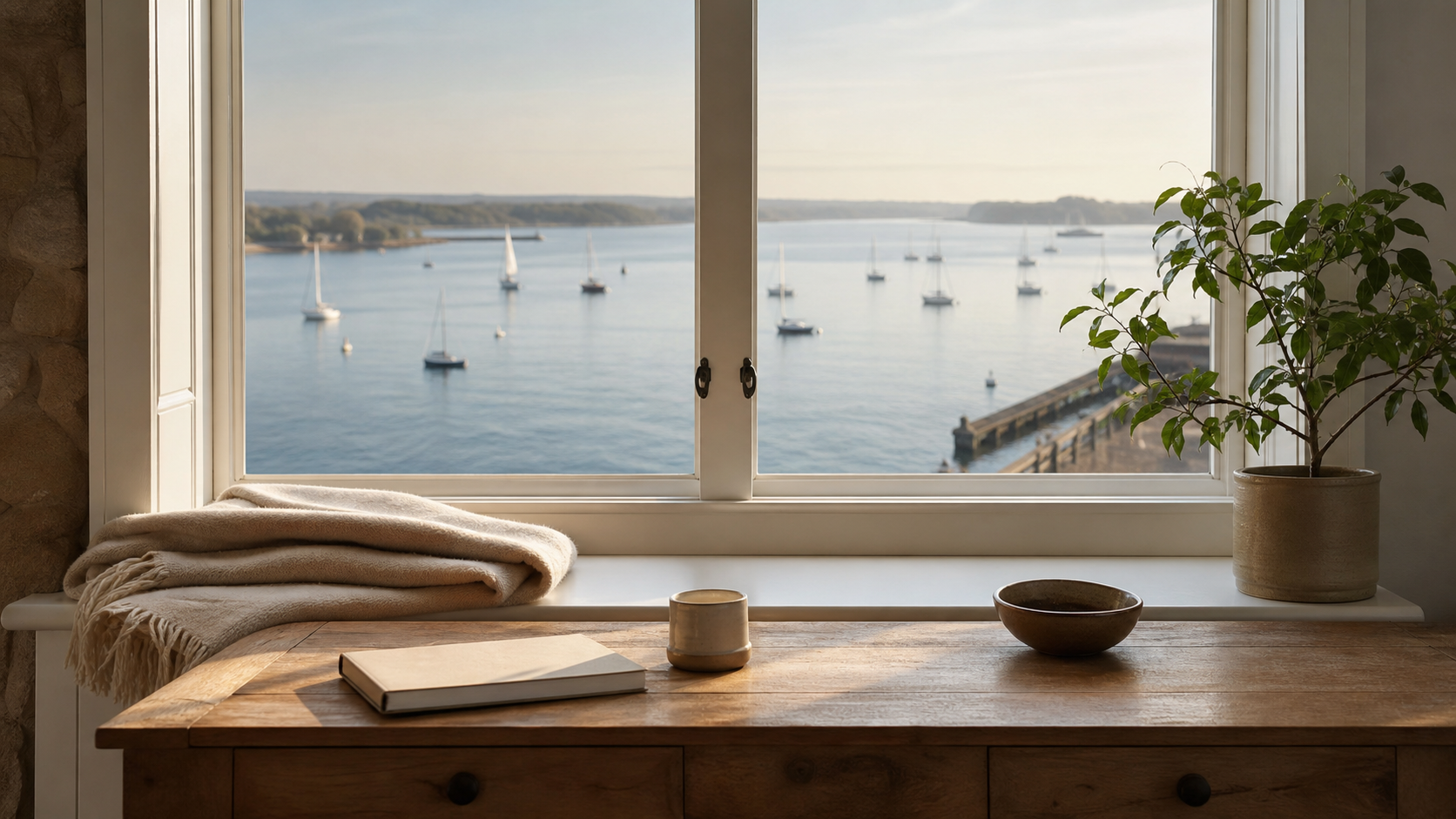 A warm wooden window seat in front of a tall window, view through the window of a calm English harbour on the Solent with small sailing boats