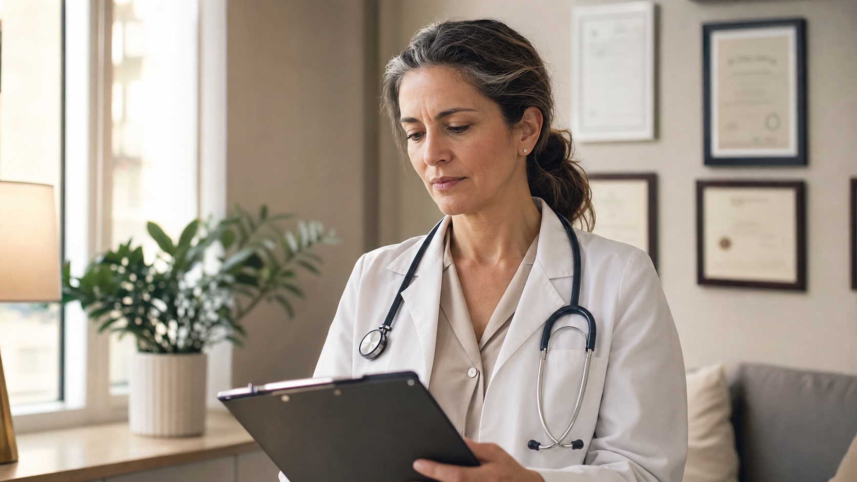A thoughtful woman doctor in her mid 40s wearing a white coat with a stethoscope around her neck, salt-and-pepper hair tied back, looking down at a clipboard in a warmly lit hospital office with framed certificates softly out of focus on the wall