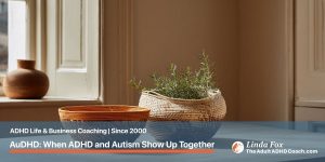 Blog post: AuDHD — two hand-woven baskets of contrasting textures side by side, representing the two different approaches (structure and flexibility) that coexist in an AuDHD brain