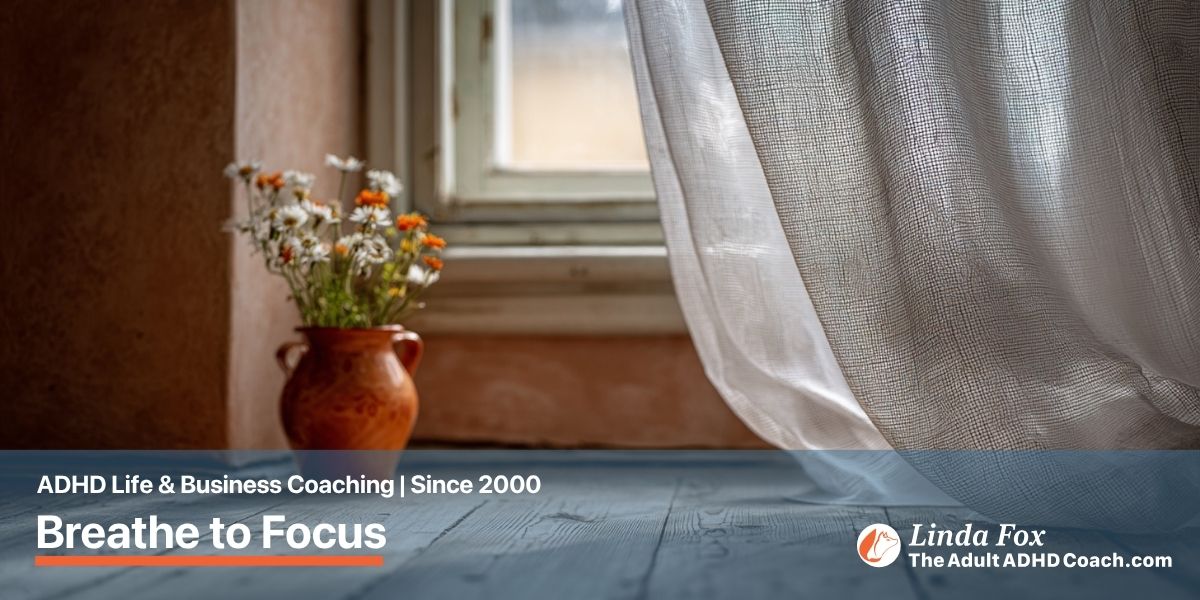 Blog post: Breathe to Focus — a sheer linen curtain gently caught by a breeze at an open window with wildflowers on the sill, representing fresh air moving into a quiet room