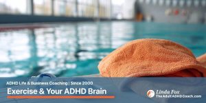 Blog post: Why Exercise Is One of the Most Powerful Tools for Your ADHD Brain — a swim cap and goggles at the edge of a quiet indoor pool, representing accessible brain-boosting movement