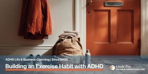 Blog post: Building an Exercise Habit with ADHD — a packed gym bag ready by the front door with trainers and a water bottle, representing how to make starting as easy as possible