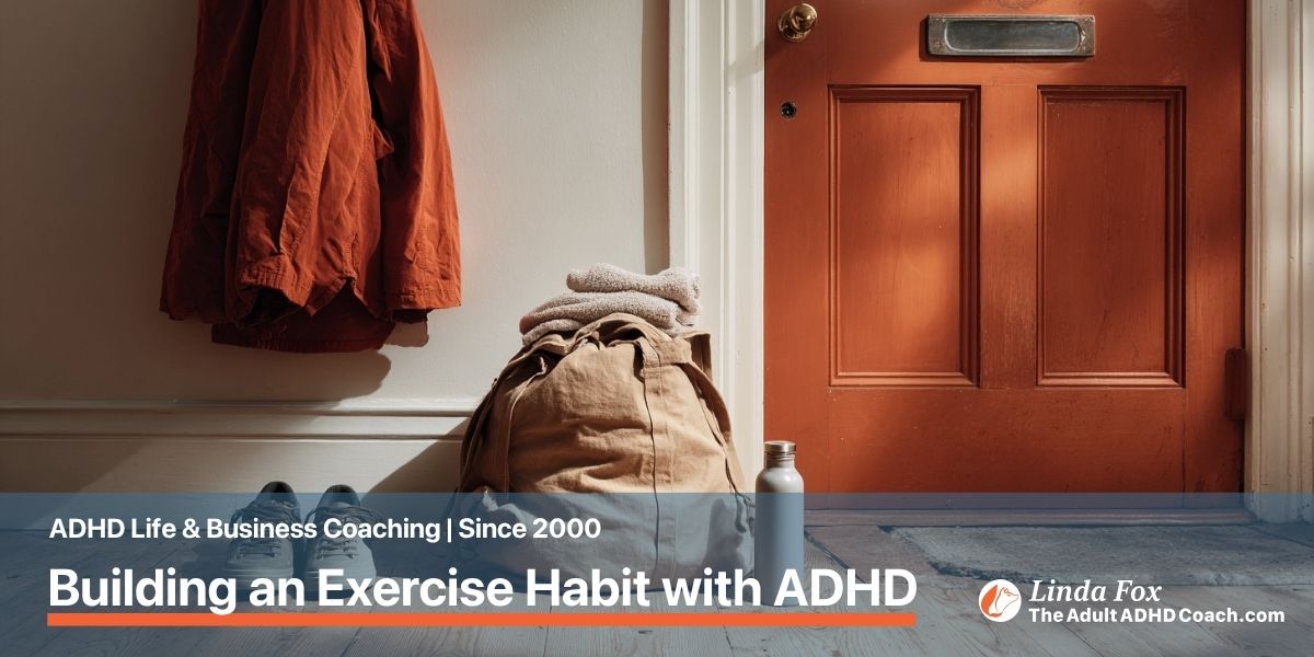 Blog post: Building an Exercise Habit with ADHD — a packed gym bag ready by the front door with trainers and a water bottle, representing how to make starting as easy as possible