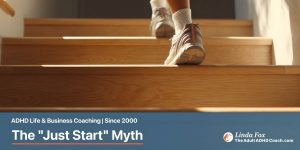 Blog post: The "Just Start" Myth — a foot stepping up a sunlit wooden staircase, representing taking the first small action