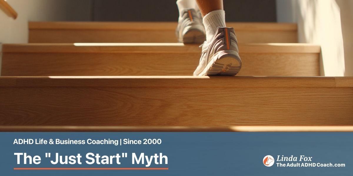 Blog post: The "Just Start" Myth — a foot stepping up a sunlit wooden staircase, representing taking the first small action