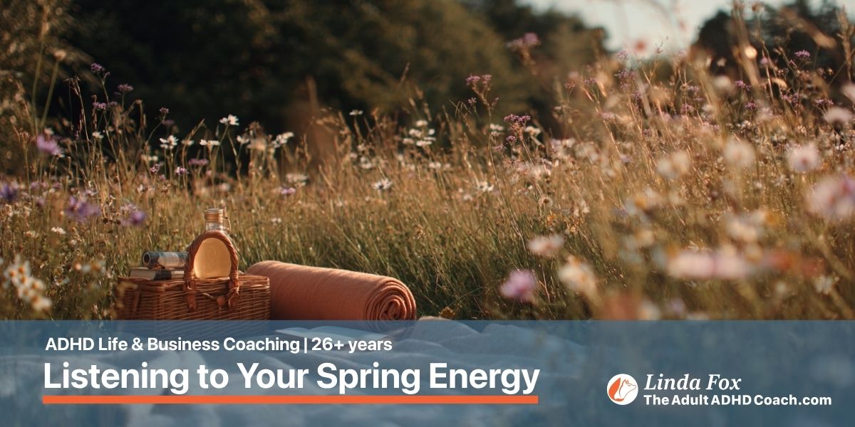A soft spring scene evoking the practice of listening to your seasonal energy with ADHD.