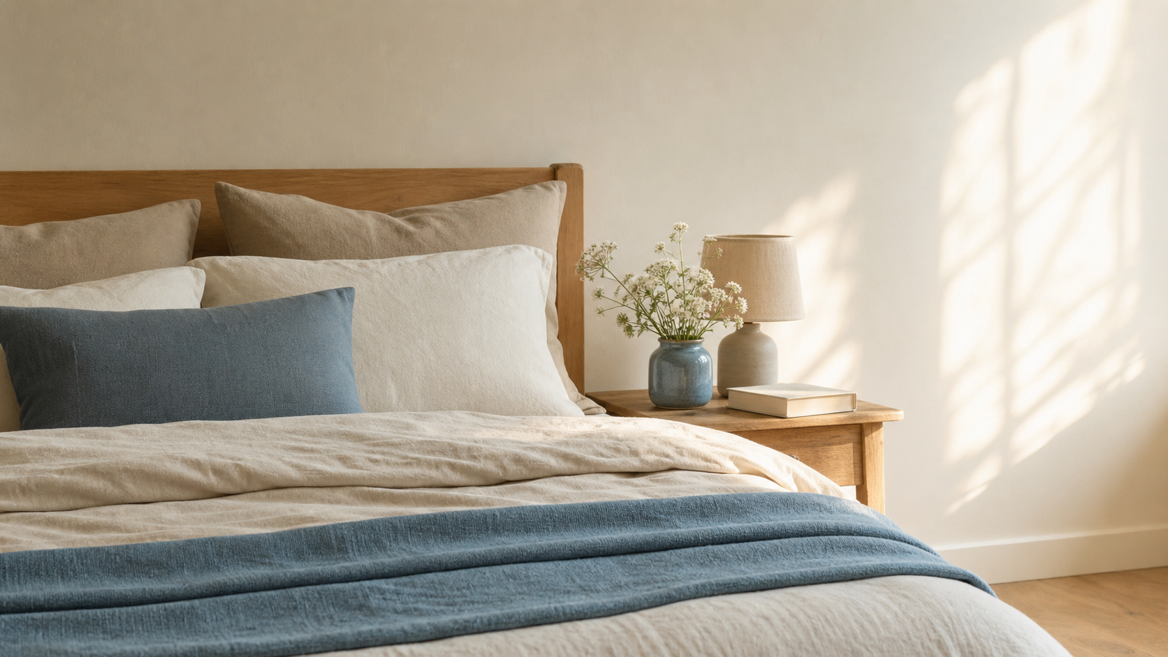 Calm bedroom scene with oat-cream linen bedding and a dusty French blue throw folded across the lower bed, a wooden bedside table with a small dusty-blue ceramic vase of white wildflowers and a closed book, soft morning light through a window casting warm pools across the linen