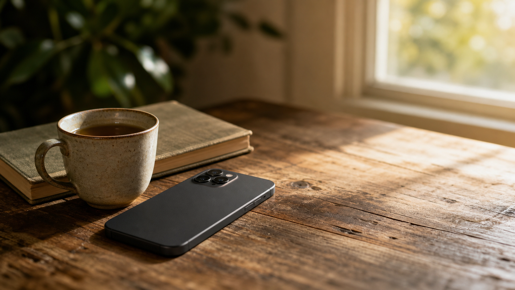 Modern smartphone lying face-down on a warm aged wooden table beside a ceramic mug of tea resting on a closed fabric-bound paperback, sunlit window in soft focus, leafy plant out of focus to one side