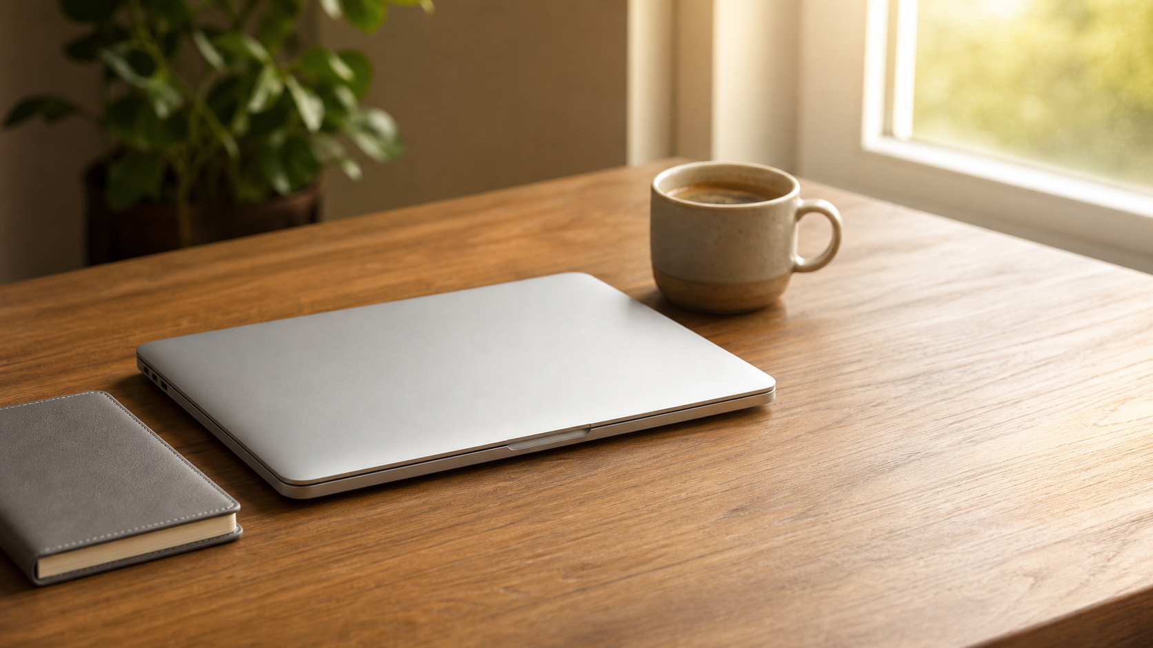 Closed silver Apple MacBook on an uncluttered warm wooden desk beside a small closed grey leather notebook and a single ceramic mug of coffee, soft sunlit window light from the right, small leafy plant just out of focus in the background