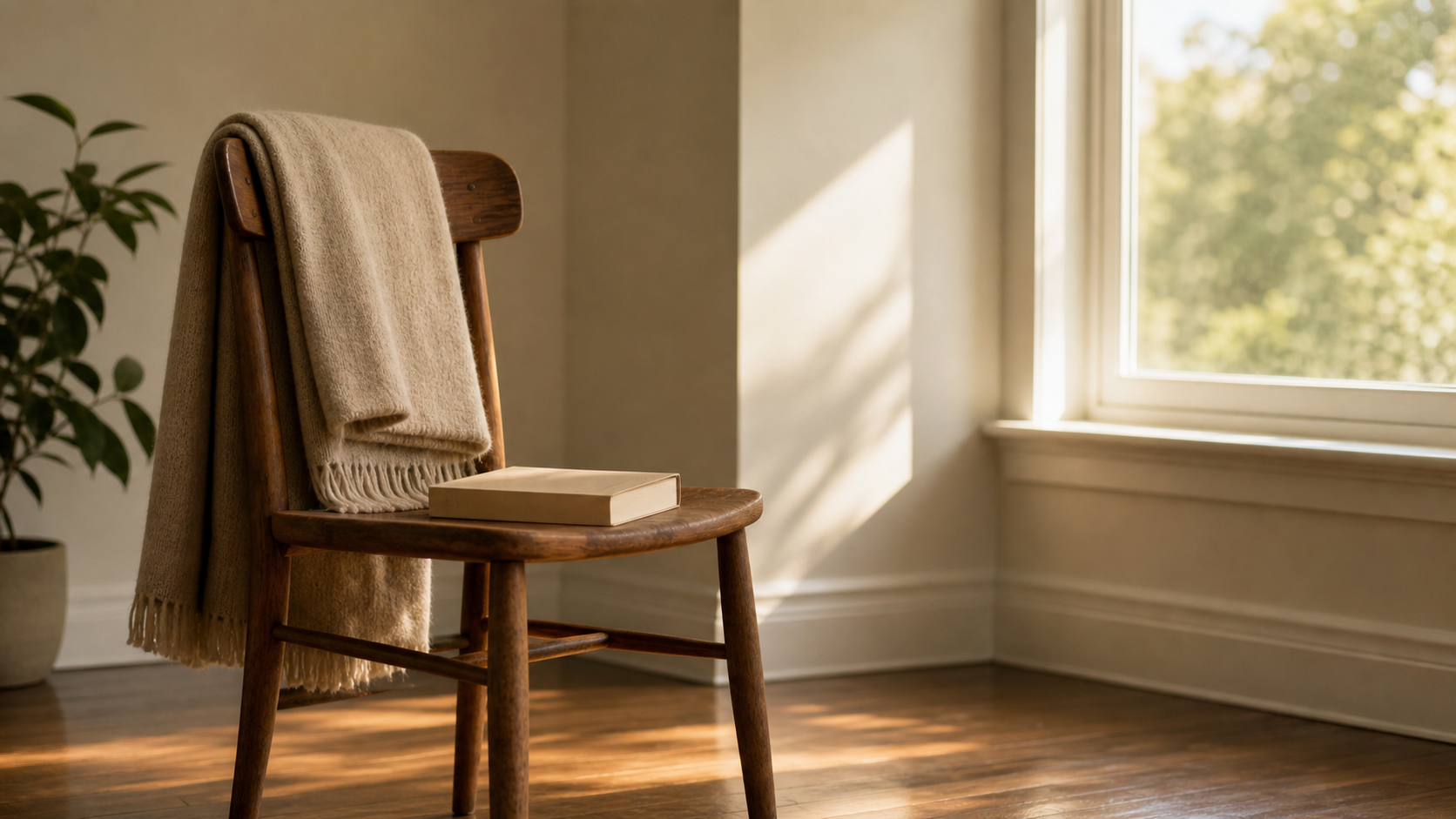 Single wooden Windsor-style chair positioned beside a sunlit window, folded oat-cream wool throw draped over the back of the chair and a single closed book resting on the seat, leafy plant in the corner, cream walls and polished wooden floor