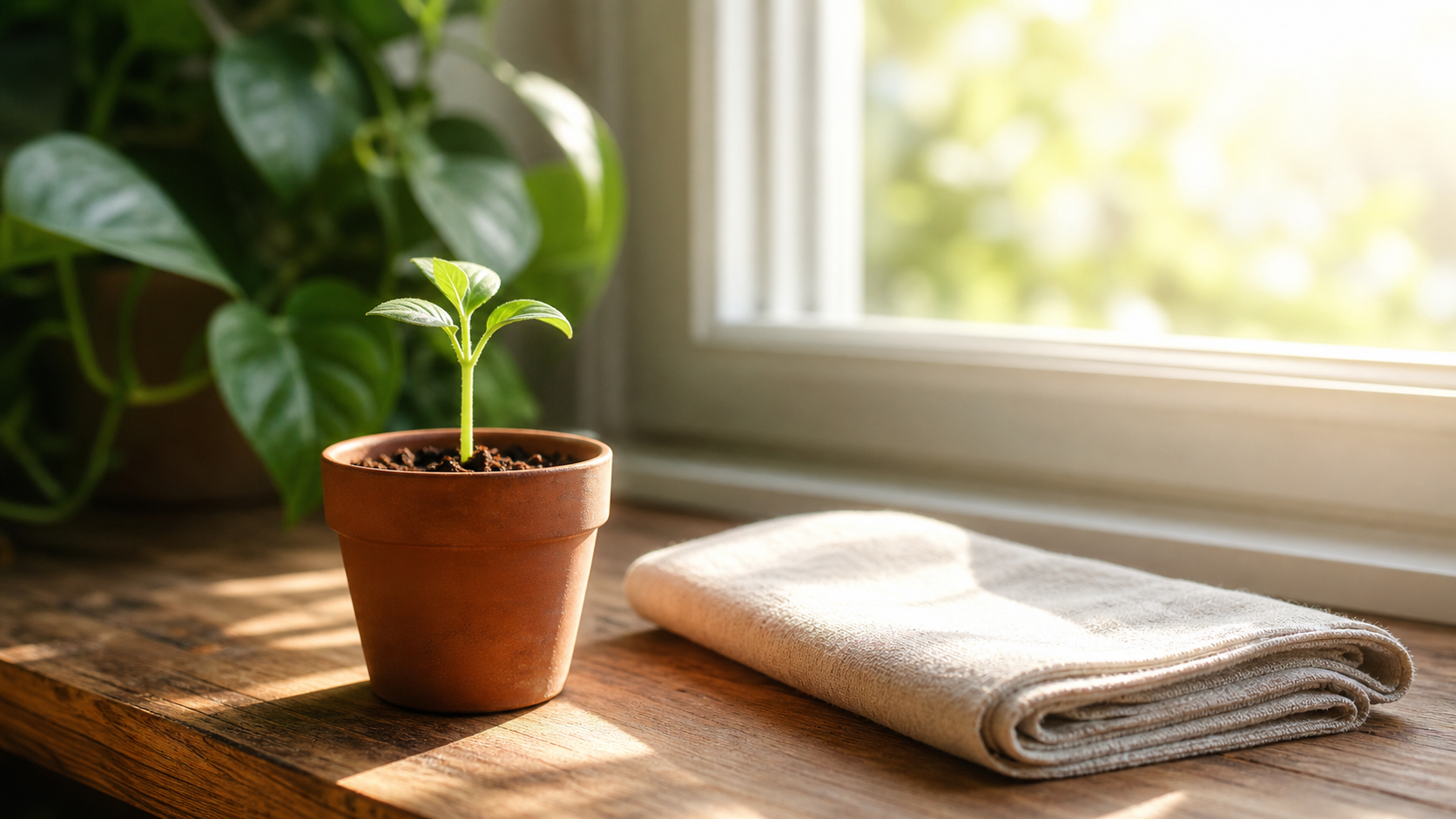 Small terracotta pot with a young sprouting green plant of a few tender new leaves, sitting on a sunlit wooden windowsill, beside a folded cream linen tea towel. A larger leafy mature plant just out of focus in the background, soft morning light pouring through the window.
