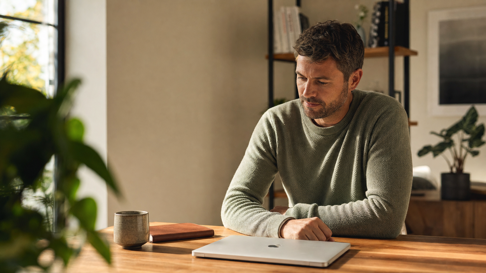 Thoughtful man in his late 30s or early 40s seated at a warm wooden home office desk with a closed silver Apple MacBook in front of him and a ceramic mug to one side. He has short brown hair and wears a casual sage knitted jumper, with a calm focused expression. Wooden shelving with books in the background, leafy plant out of focus.
