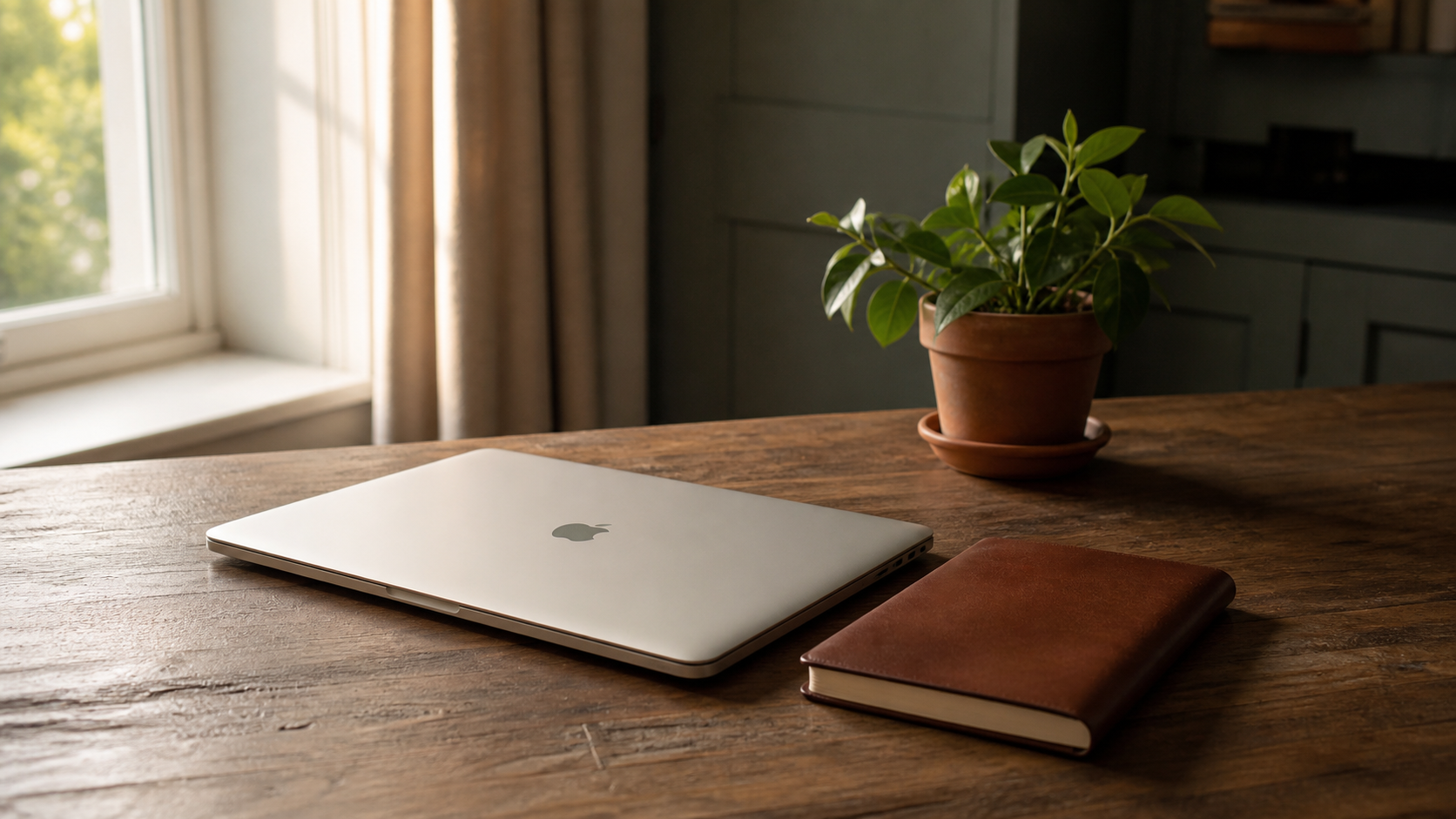 Closed silver Apple MacBook on a wooden writing desk in soft morning light, a closed brown leather notebook beside it and a small leafy plant in a terracotta pot. Considered modern workspace.