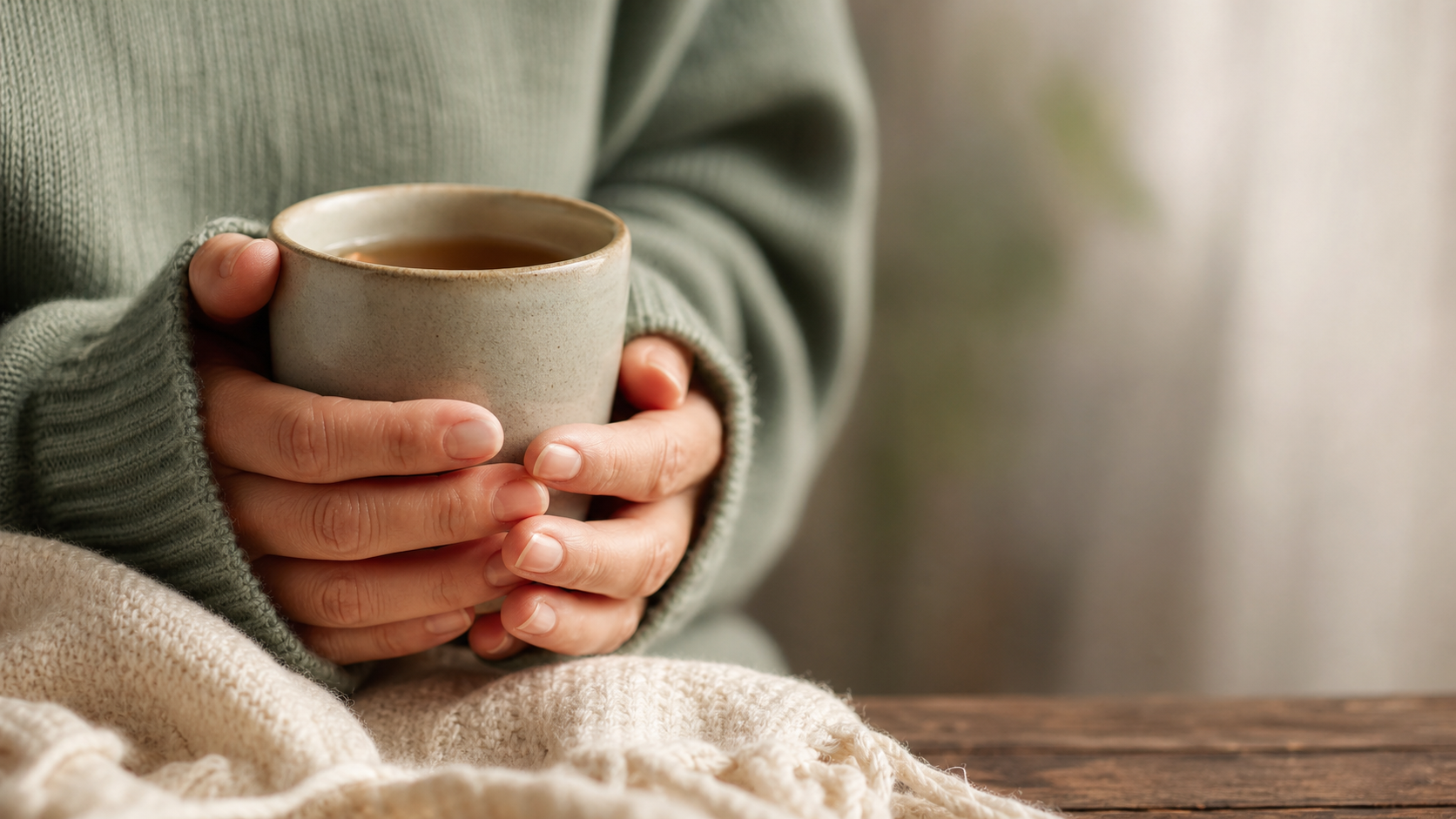 Close-up of hands cupped around a warm ceramic mug, soft sage wool jumper sleeves — quiet rest and recovery
