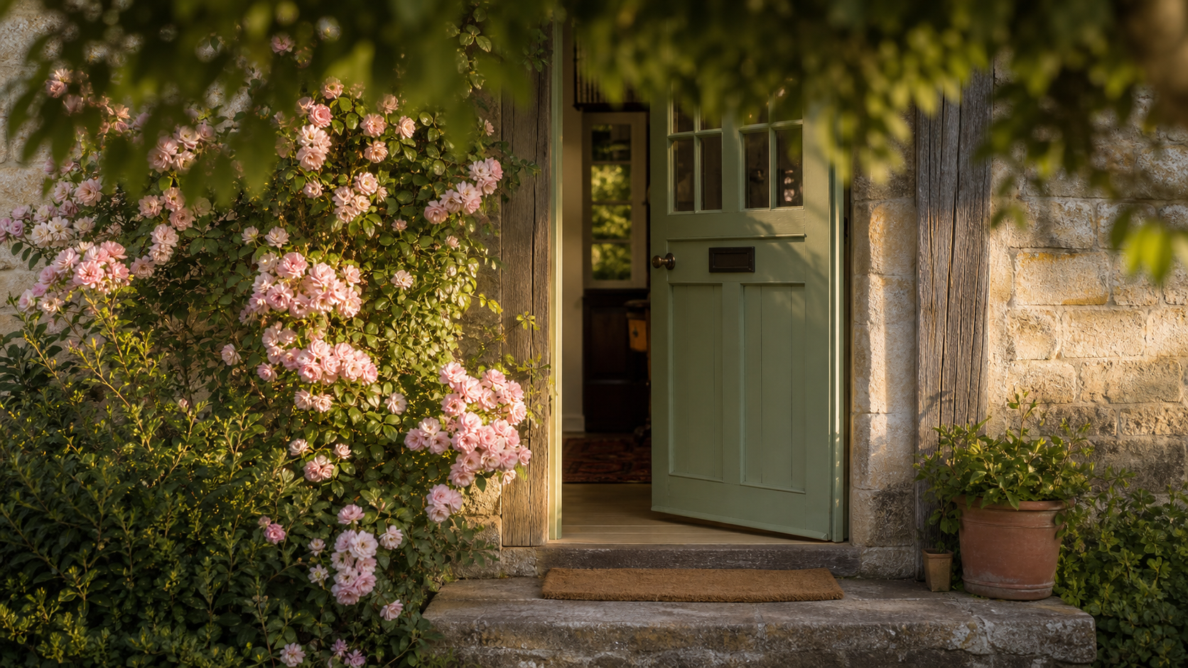 Sage-green English cottage front door slightly ajar, climbing pale pink roses framing the doorway, soft worn stone step. Welcoming British country cottage feel.
