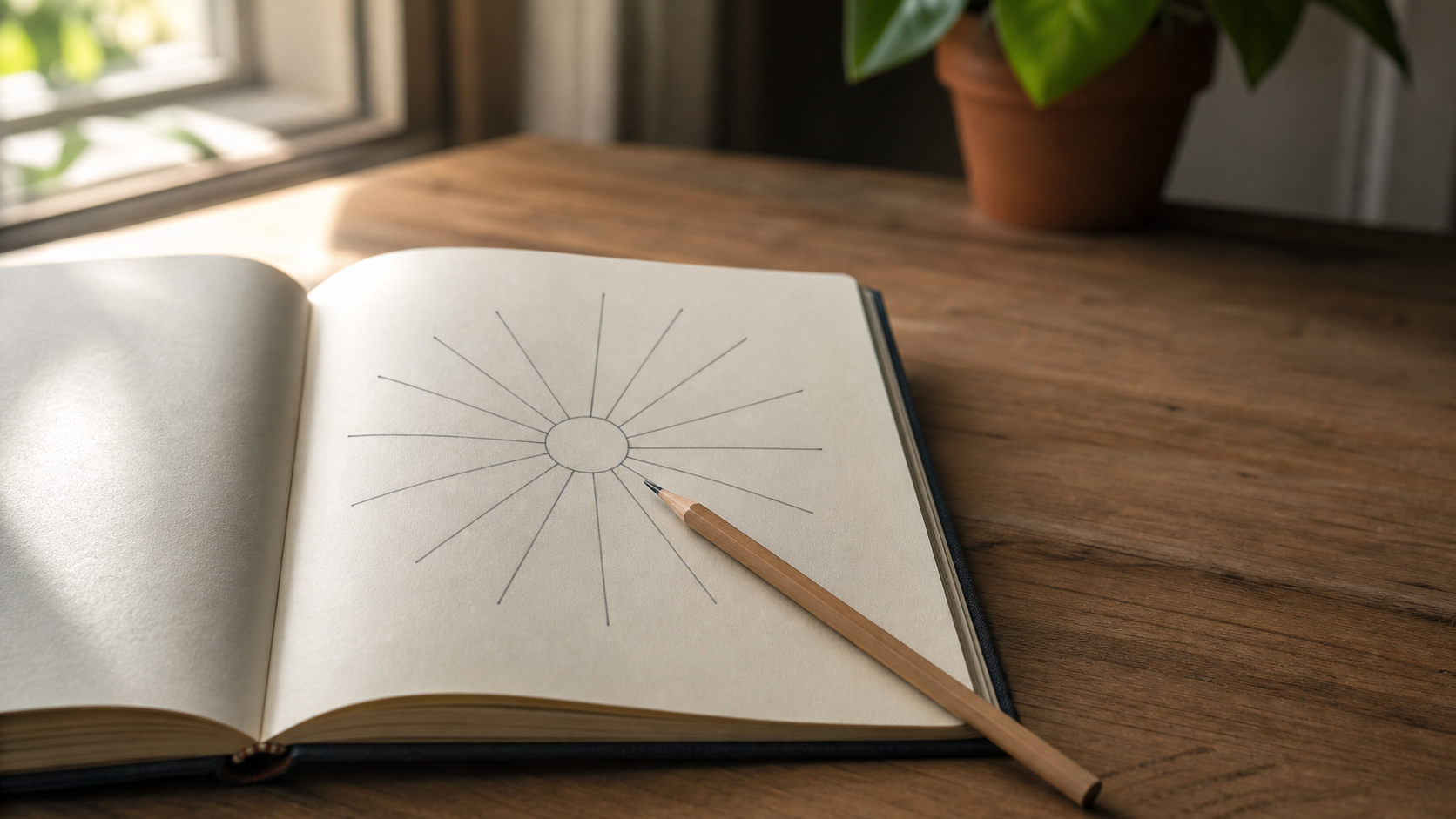 Open hardback journal page with a hand-sketched radial diagram of fourteen plain spokes radiating from a central circle, a wooden pencil mid-stroke, a small leafy plant in a terracotta pot in soft morning light. Executive Function Skills Strengths Profile.