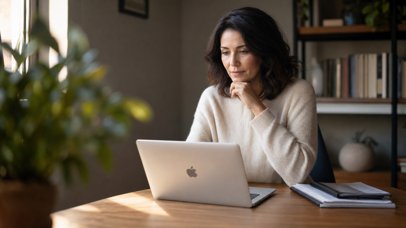A thoughtful woman in her early 40s with dark hair, soft cream sweater, seated at a wooden desk in a warm home office reviewing the screen of an open silver MacBook. ADHD coaching for entrepreneurs.