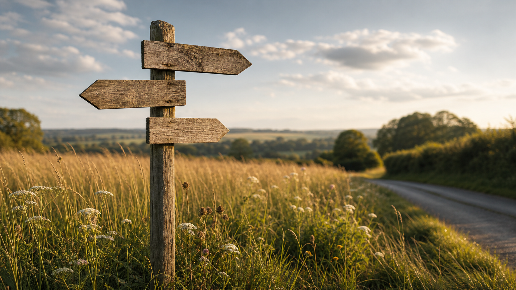 Wooden country signpost with three weathered wooden waymarker arrows in a sunlit British meadow, tall grasses, late afternoon golden light. Choosing the right direction.