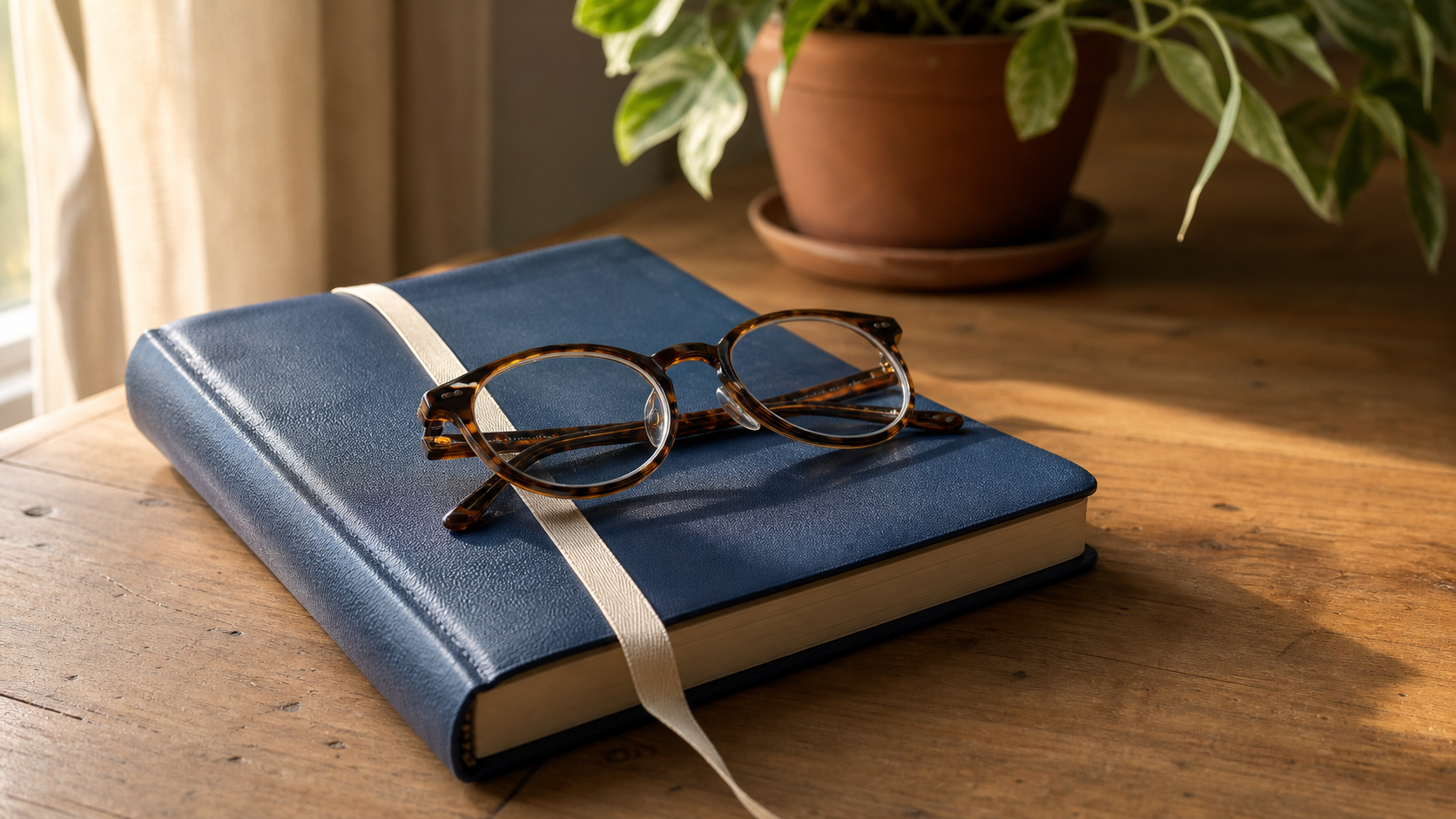 Closed leather diary with cream ribbon bookmark, tortoiseshell reading glasses resting on top, soft morning light — a weekly ritual