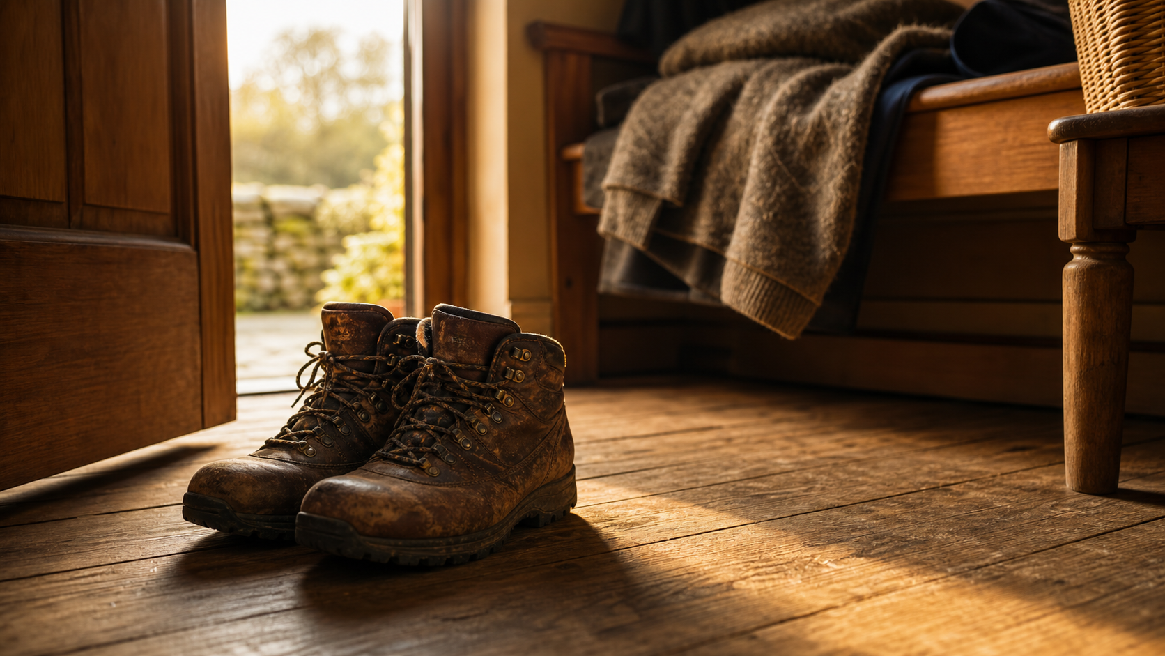 A pair of well-worn brown leather walking boots beside a wooden front door, soft folded coat on a low wooden bench, warm morning light through the doorway. Ready to step out.