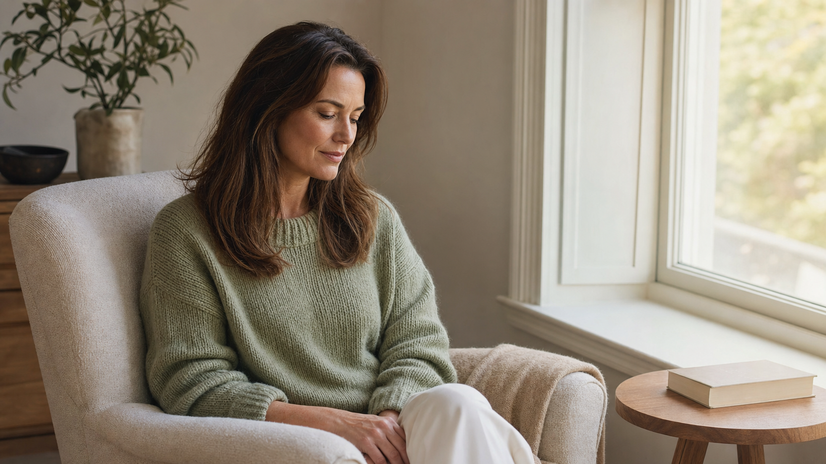 Thoughtful woman in her early 40s with warm chestnut hair, wearing a soft sage knitted jumper, sitting in a cream linen reading chair by a sunlit window, looking down with a calm thoughtful expression