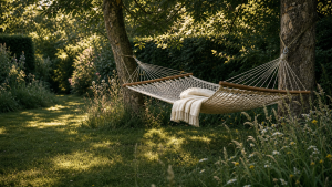 A cream throw draped over a hammock strung between two trees in dappled garden light, an invitation to deep rest beyond ordinary tiredness.