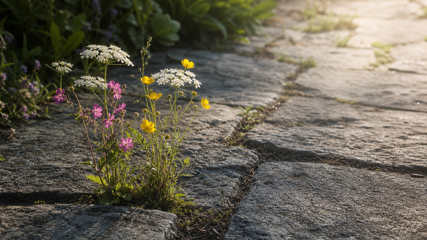 Pink campion, cow parsley and buttercups growing through cracks in old stone paving, soft afternoon light.