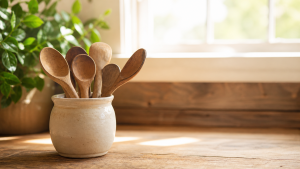 Cluster of wooden cooking spoons gathered in a cream stoneware crock on a sunlit wooden kitchen worktop, leafy plant out of focus, warm morning light from the window