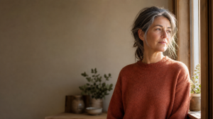 A thoughtful woman in her late forties or early fifties stands beside a tall window in soft morning light, wearing a soft terracotta wool jumper. Salt-and-pepper hair worn naturally, calm and slightly weary expression looking out of the window.