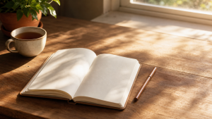 Open notebook with blank cream pages on a warm sunlit wooden desk, closed wooden pen to the right, ceramic mug of tea on the left, leafy plant in terracotta pot in soft focus, morning window light casting soft leaf shadows