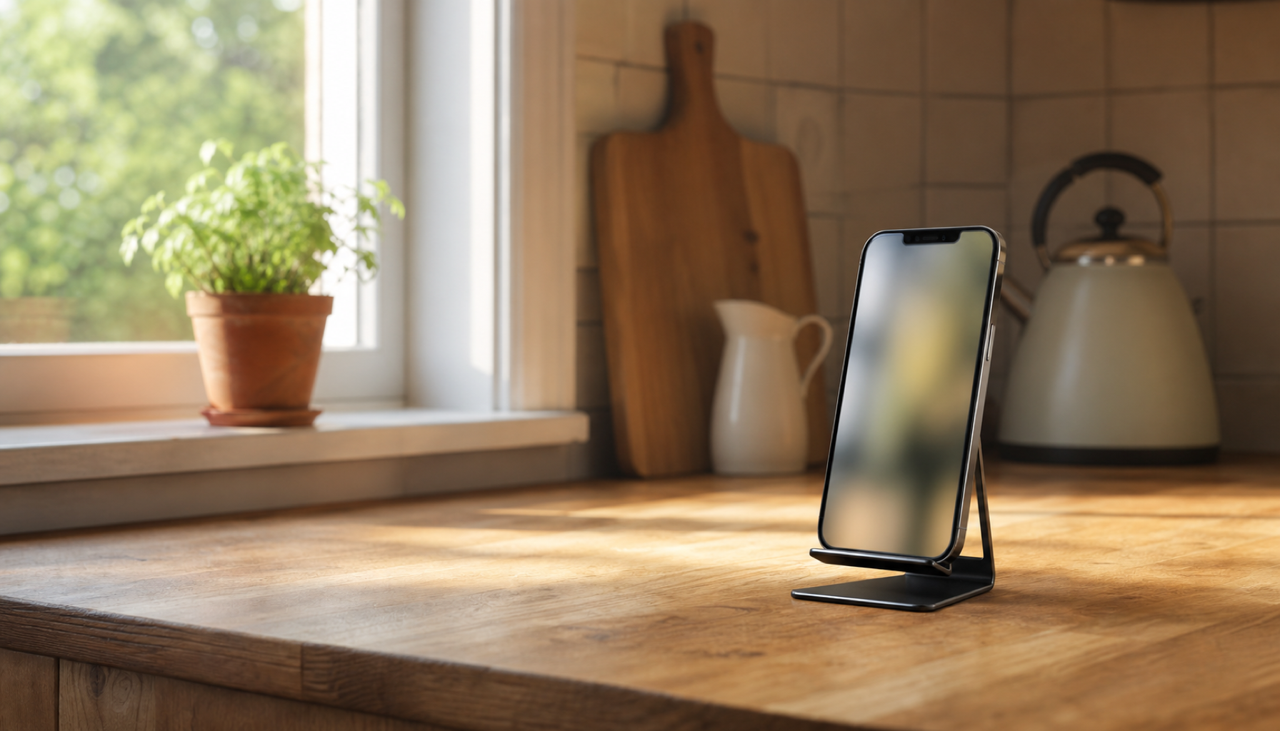 A sunlit British kitchen on a summer morning. A large iPhone stands upright in a black folding metal stand on a wooden worktop, its screen faintly lit but blurred. A small green houseplant in a terracotta pot sits on the window sill, with a cream kettle, white jug and wooden chopping board softly out of focus behind.