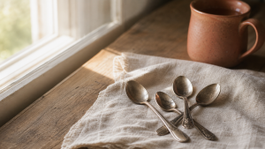 Three antique silver teaspoons resting on a soft cream linen napkin on a sunlit wooden windowsill, a small terracotta ceramic mug nearby in soft focus.