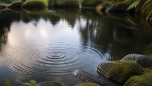Concentric ripples spreading across still pond water with mossy rocks at the edge, soft natural light.