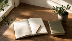 An open journal with a small wooden pen on a sunlit wooden desk, a closed olive hardback book and a small olive plant nearby.